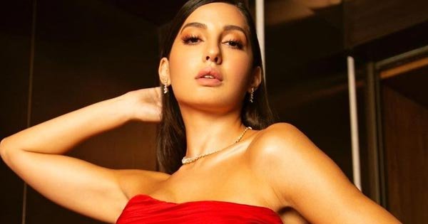 nora fatehi red thigh high slit dress