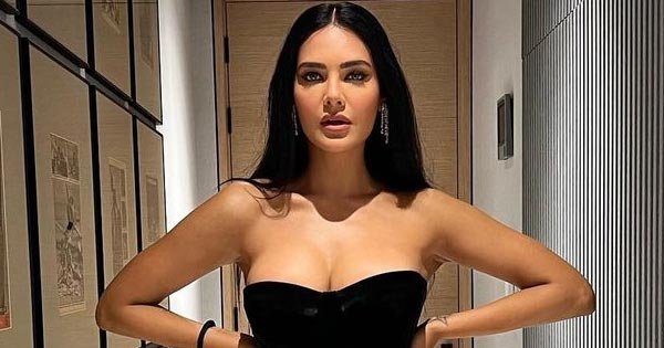esha gupta high slit black dress
