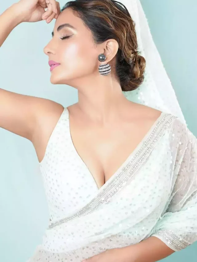 cropped hina khan deep neckline blouse white saree indian actress 3.webp