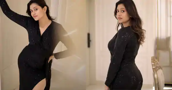 anjali arora high slit black dress curvy indian